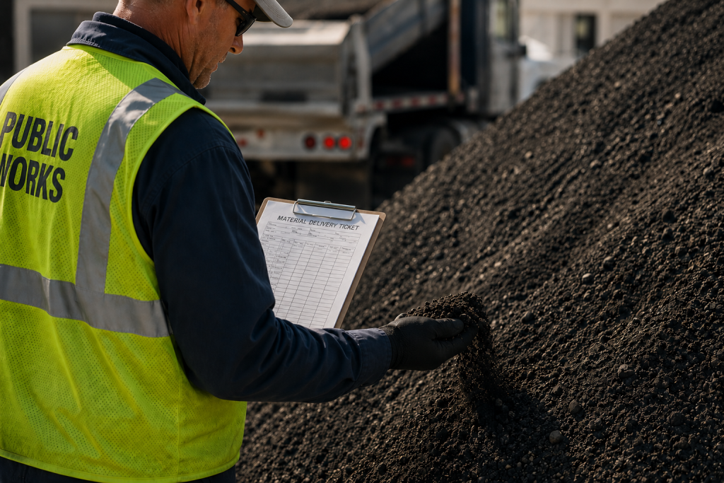 municipal worker checking soil delivery